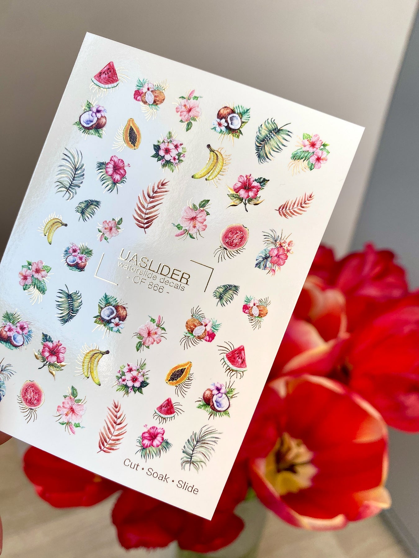 Summer Nail Decals — Tropical Fruits & Hibiscus with Gold Foil | CF - 866 - UASLIDER