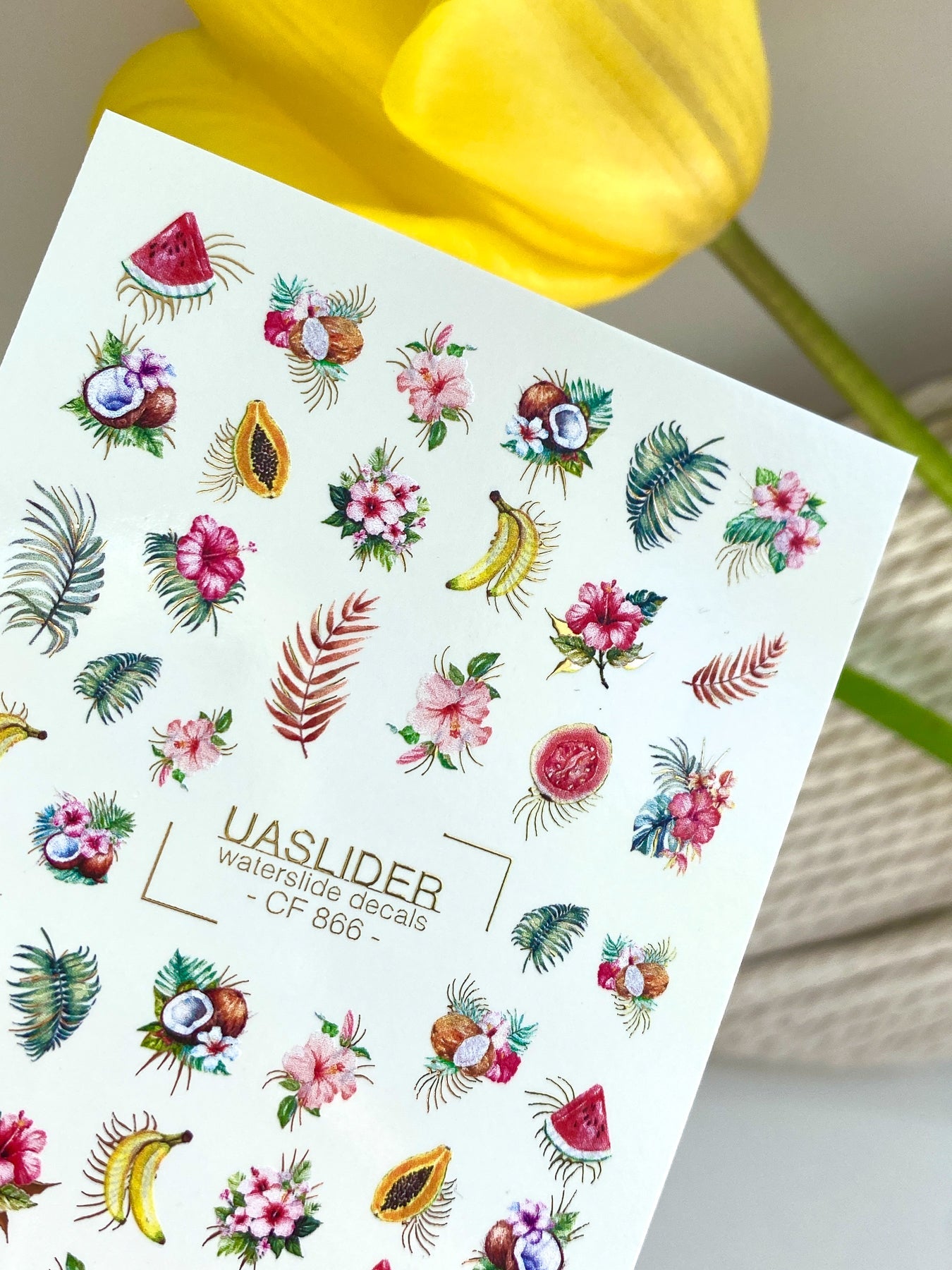 Summer Nail Decals — Tropical Fruits & Hibiscus with Gold Foil | CF - 866 - UASLIDER