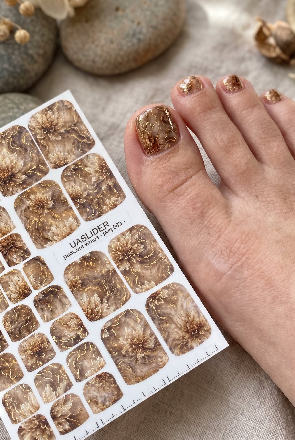 Taupe Floral Pedicure Wraps — Gold Foil Blooms | pwg-063 - UASLIDER