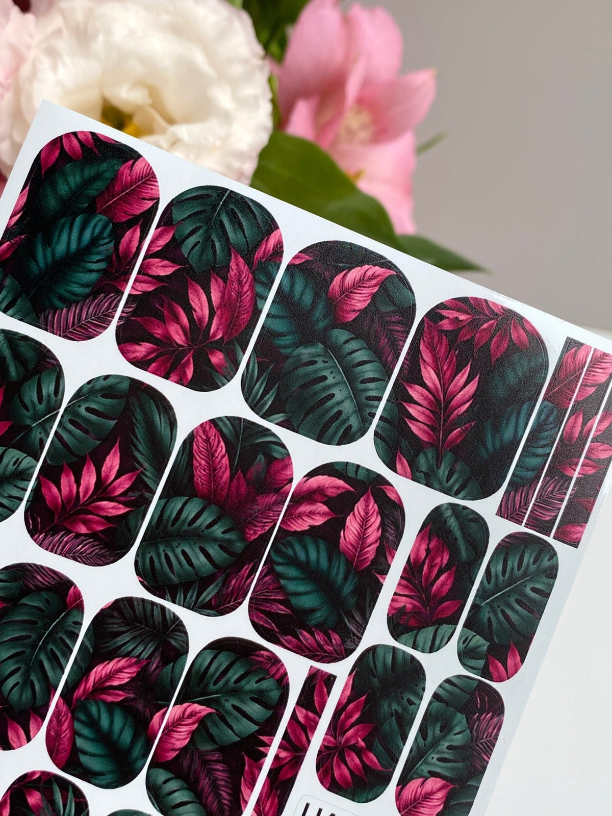 Tropical Leaves Manicure Wraps — Pink & Dark Green | mw-019 - UASLIDER