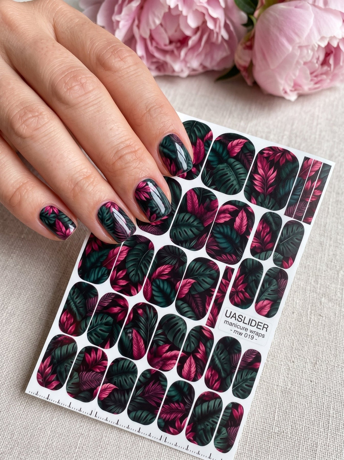 Tropical Leaves Manicure Wraps — Pink & Dark Green | mw-019 - UASLIDER