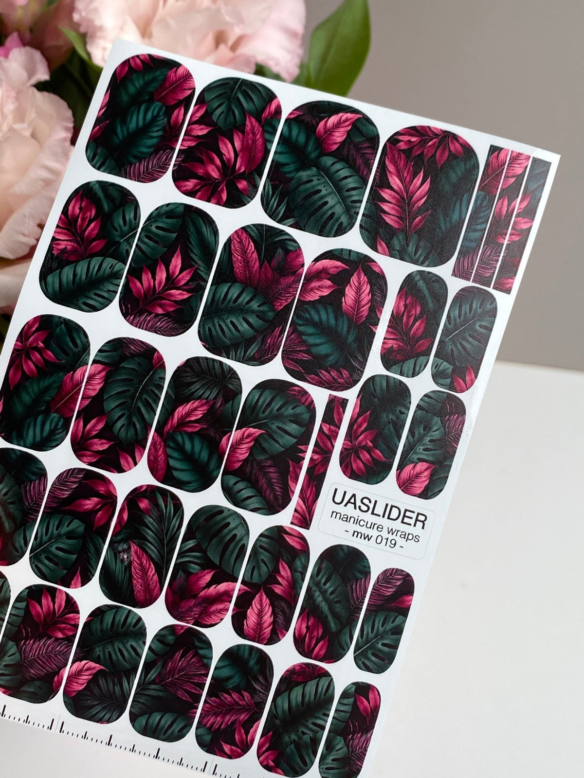 Tropical Leaves Manicure Wraps — Pink & Dark Green | mw-019 - UASLIDER