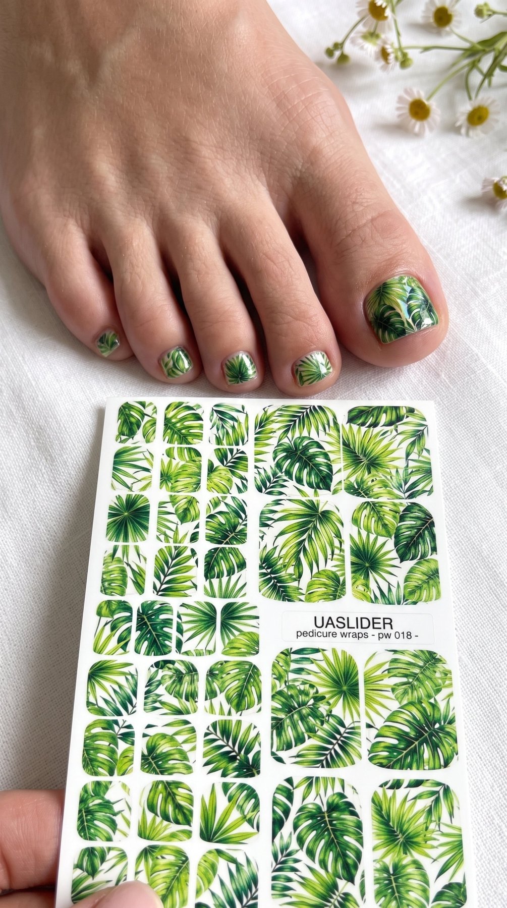 Tropical Leaves Pedicure Nail Wraps — Green Monstera & Palm on White | PW-018 - UASLIDER
