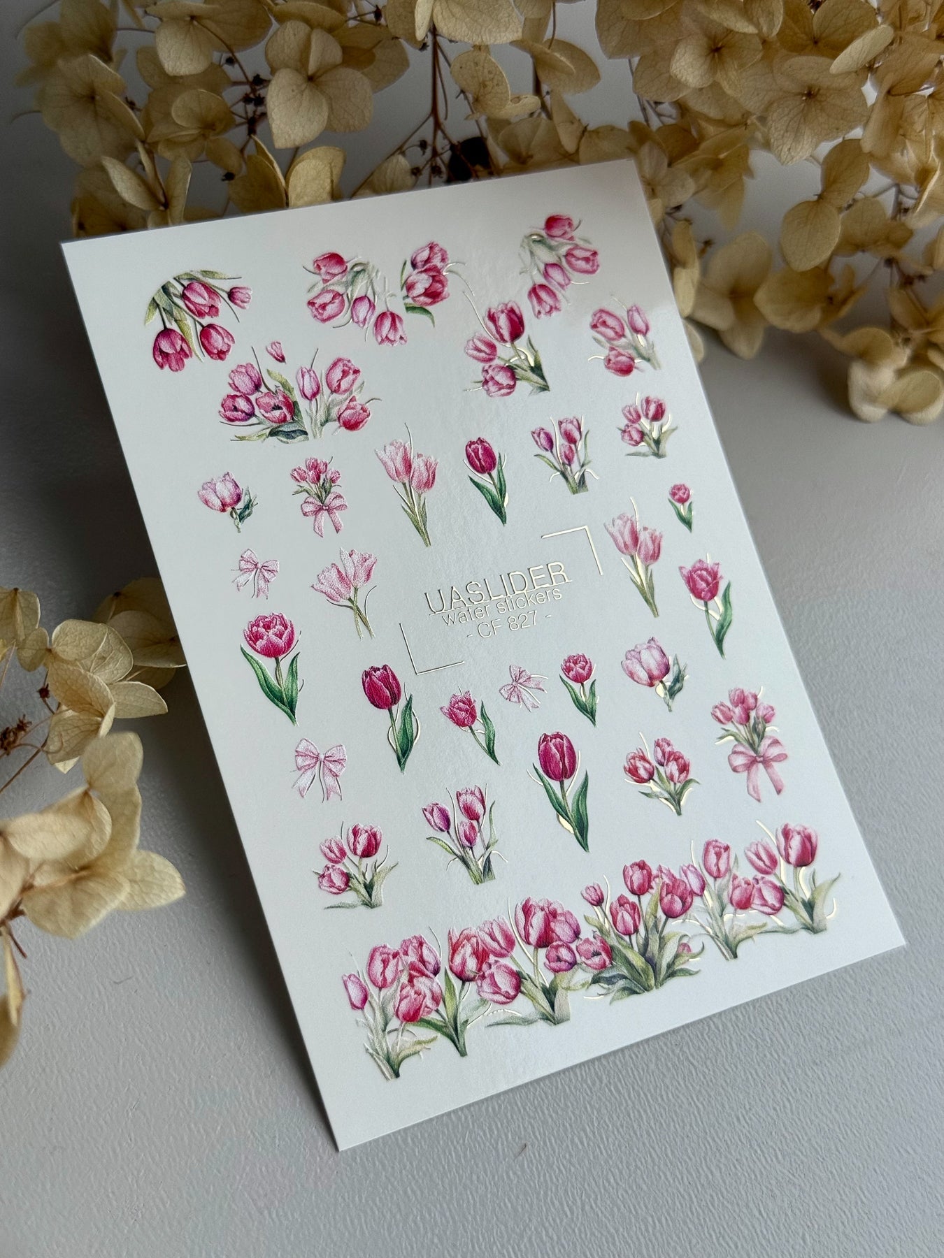 Tulip Nail Decals — Pink Botanical Bouquets with Bows & Gold Foil | CF - 827 - UASLIDER