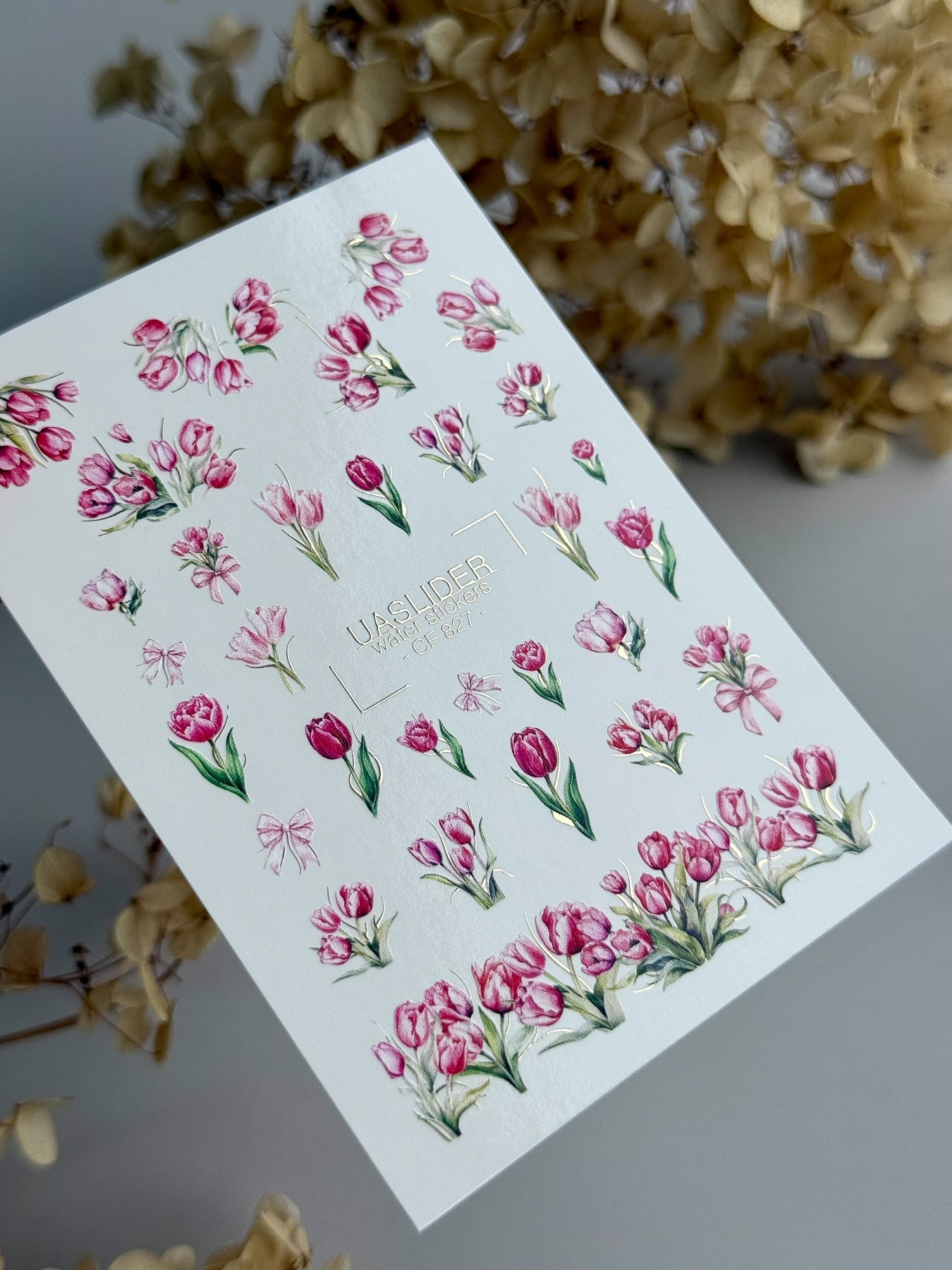Tulip Nail Decals — Pink Botanical Bouquets with Bows & Gold Foil | CF - 827 - UASLIDER
