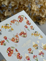 Tulip Nail Decals — Red & Yellow Blooms, Gold Foil Butterflies | CF - 834 - UASLIDER