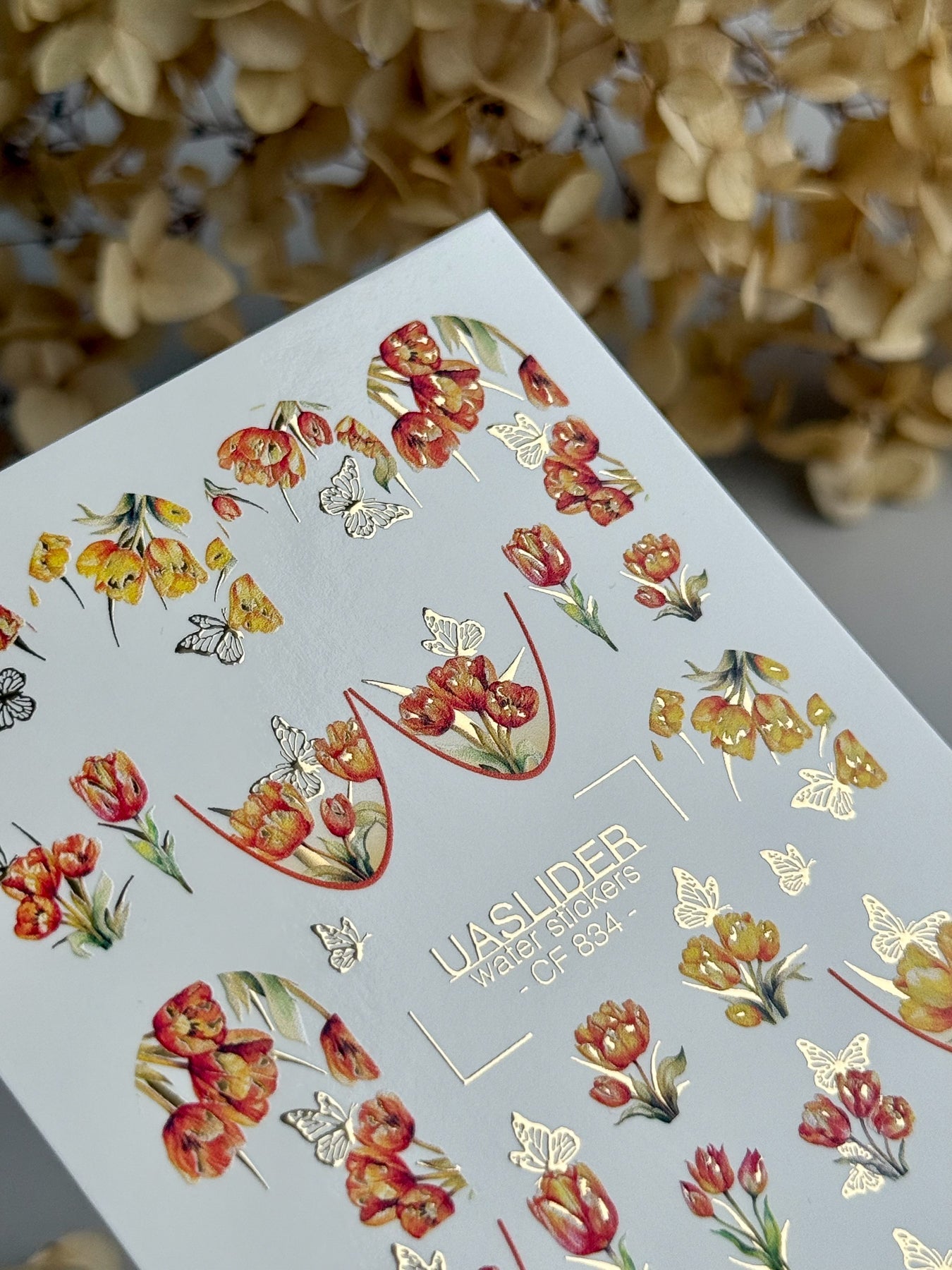 Tulip Nail Decals — Red & Yellow Blooms, Gold Foil Butterflies | CF - 834 - UASLIDER