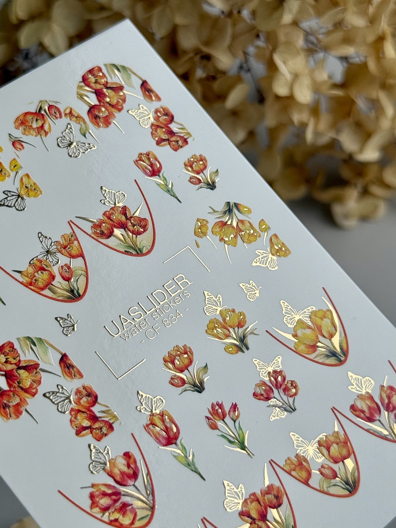 Tulip Nail Decals — Red & Yellow Blooms, Gold Foil Butterflies | CF - 834 - UASLIDER