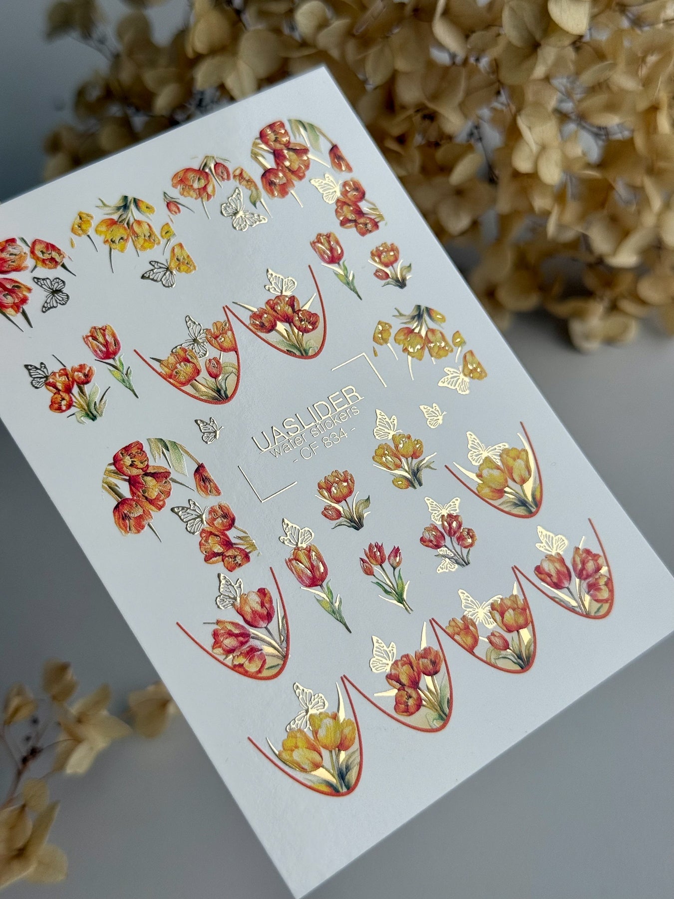 Tulip Nail Decals — Red & Yellow Blooms, Gold Foil Butterflies | CF - 834 - UASLIDER