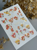 Tulip Nail Decals — Red & Yellow Blooms, Gold Foil Butterflies | CF - 834 - UASLIDER