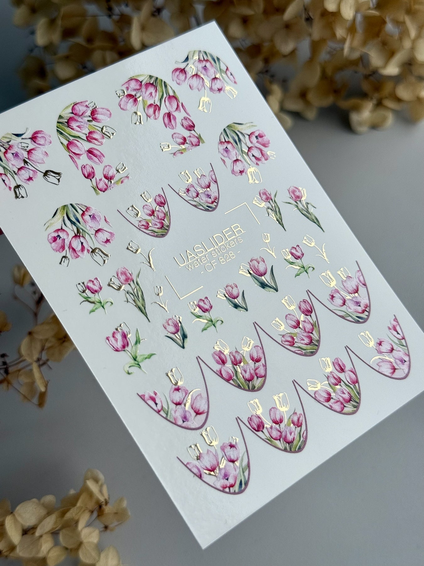 Tulip Nail Decals — Soft Pink Watercolor Bouquets & Gold Foil | CF - 828 - UASLIDER