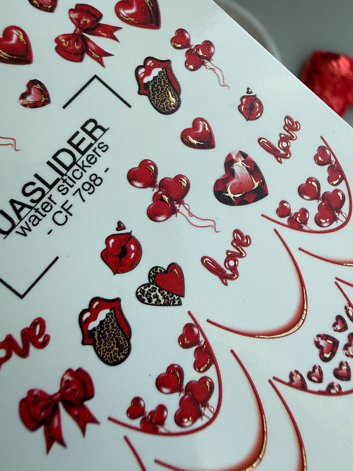 Valentine Heart Nail Decals — Red Love Gold Foil | CF - 798 - UASLIDER