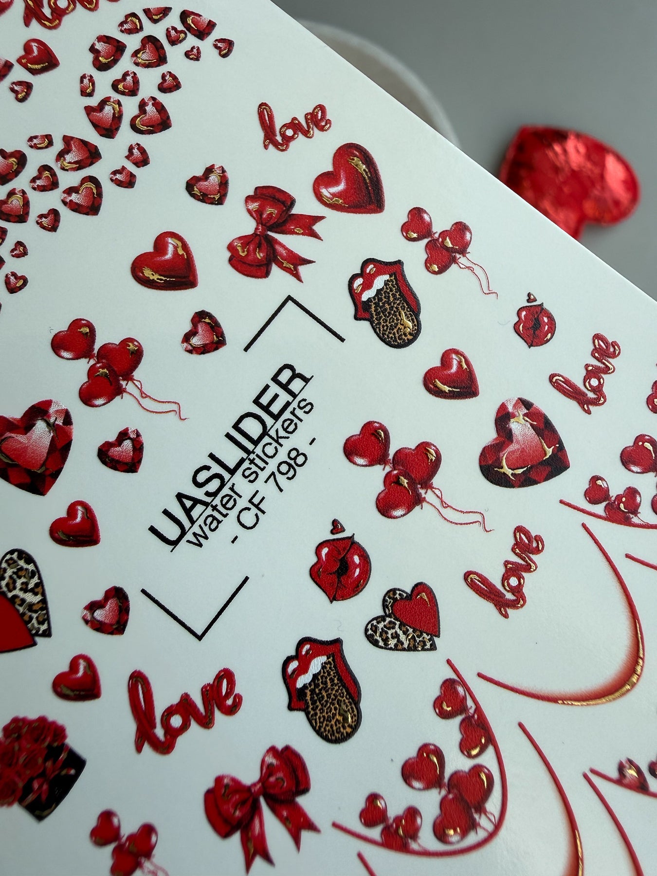 Valentine Heart Nail Decals — Red Love Gold Foil | CF - 798 - UASLIDER