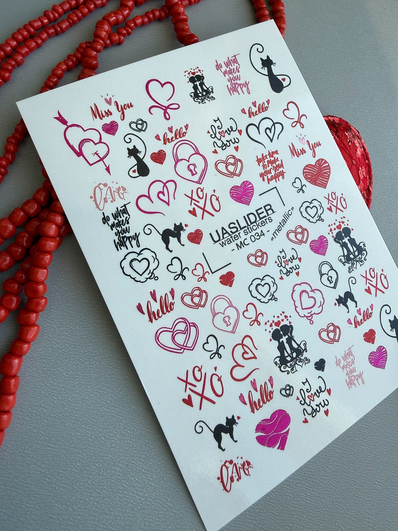 Valentine Nail Decals — Metallic Love Text Cats & Heart Locks | MC-034 - UASLIDER