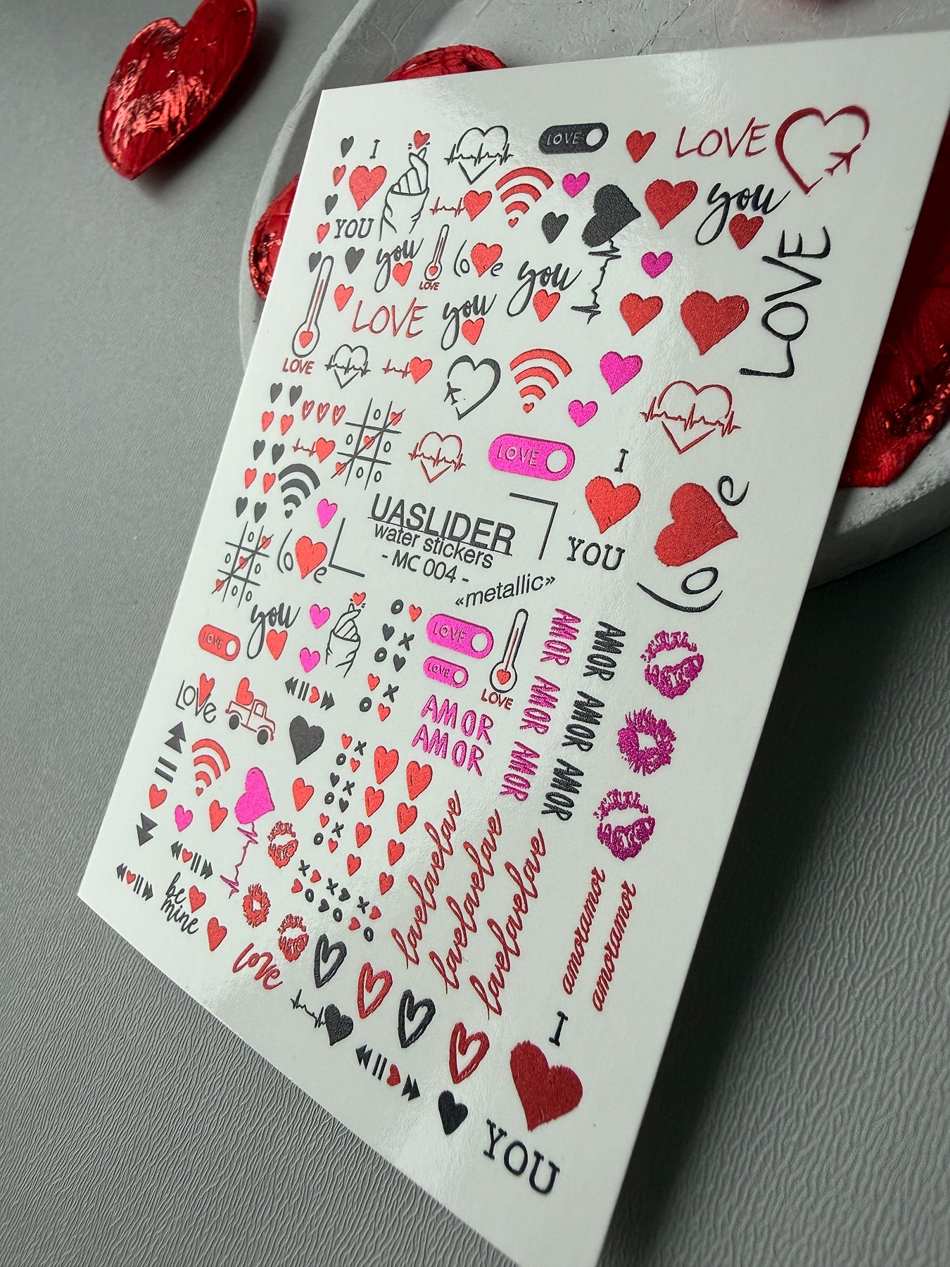 Valentine Nail Decals — Metallic Love Text Hearts & Icons | MC-004 - UASLIDER