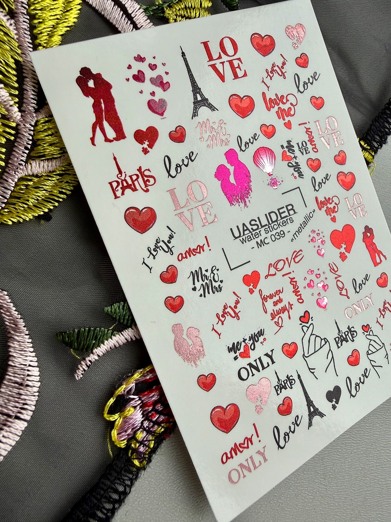 Valentine Nail Decals — Metallic Paris Love Couples & Text | MC-039 - UASLIDER