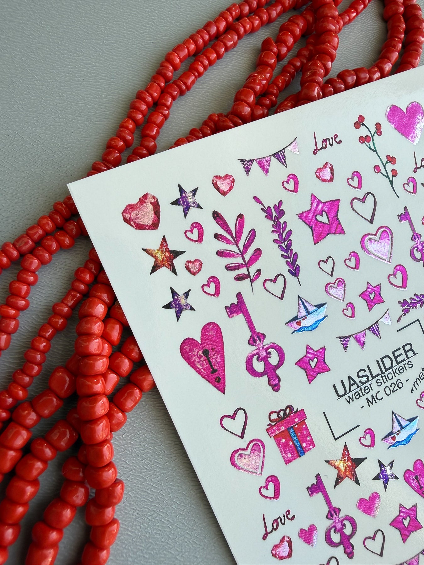 Valentine Nail Decals — Metallic Pink Hearts Stars & Keys | MC-026 - UASLIDER