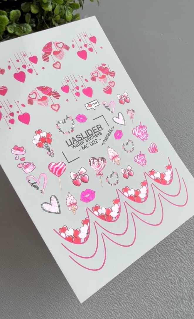 Valentine Nail Decals — Metallic Pink Hearts Sweets & Lips | MC-022 - UASLIDER