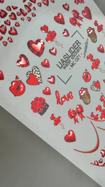 Valentine Nail Decals — Metallic Red Hearts, Bows & Love Script | MC - 021 - UASLIDER