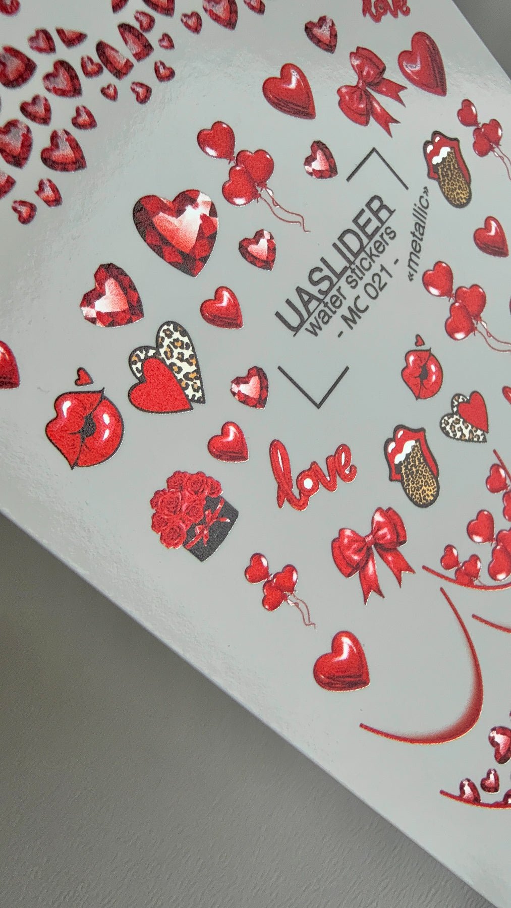Valentine Nail Decals — Metallic Red Hearts, Bows & Love Script | MC - 021 - UASLIDER