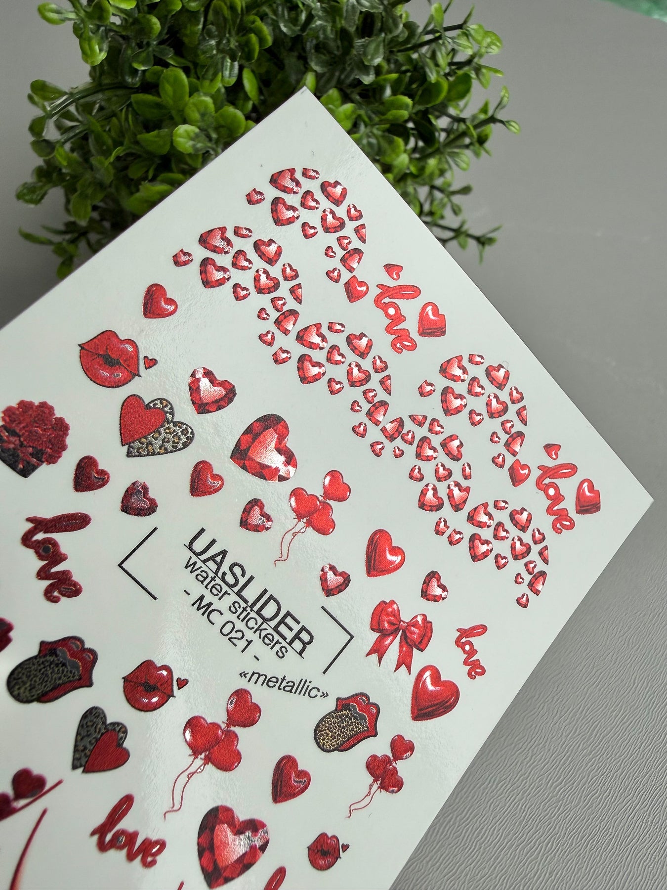 Valentine Nail Decals — Metallic Red Hearts, Bows & Love Script | MC - 021 - UASLIDER