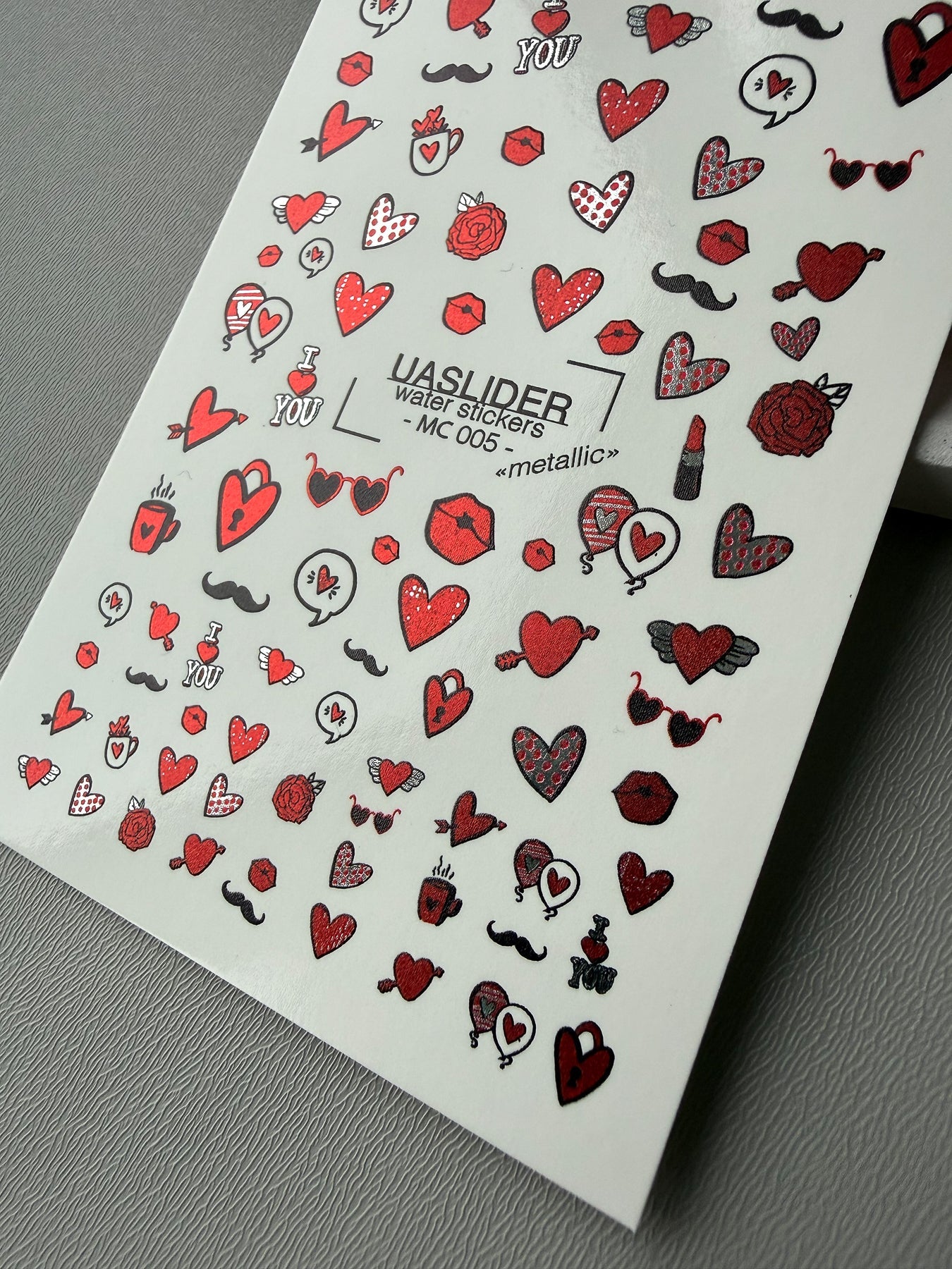 Valentine Nail Decals — Metallic Red Hearts Lips & Icons | MC-005 - UASLIDER