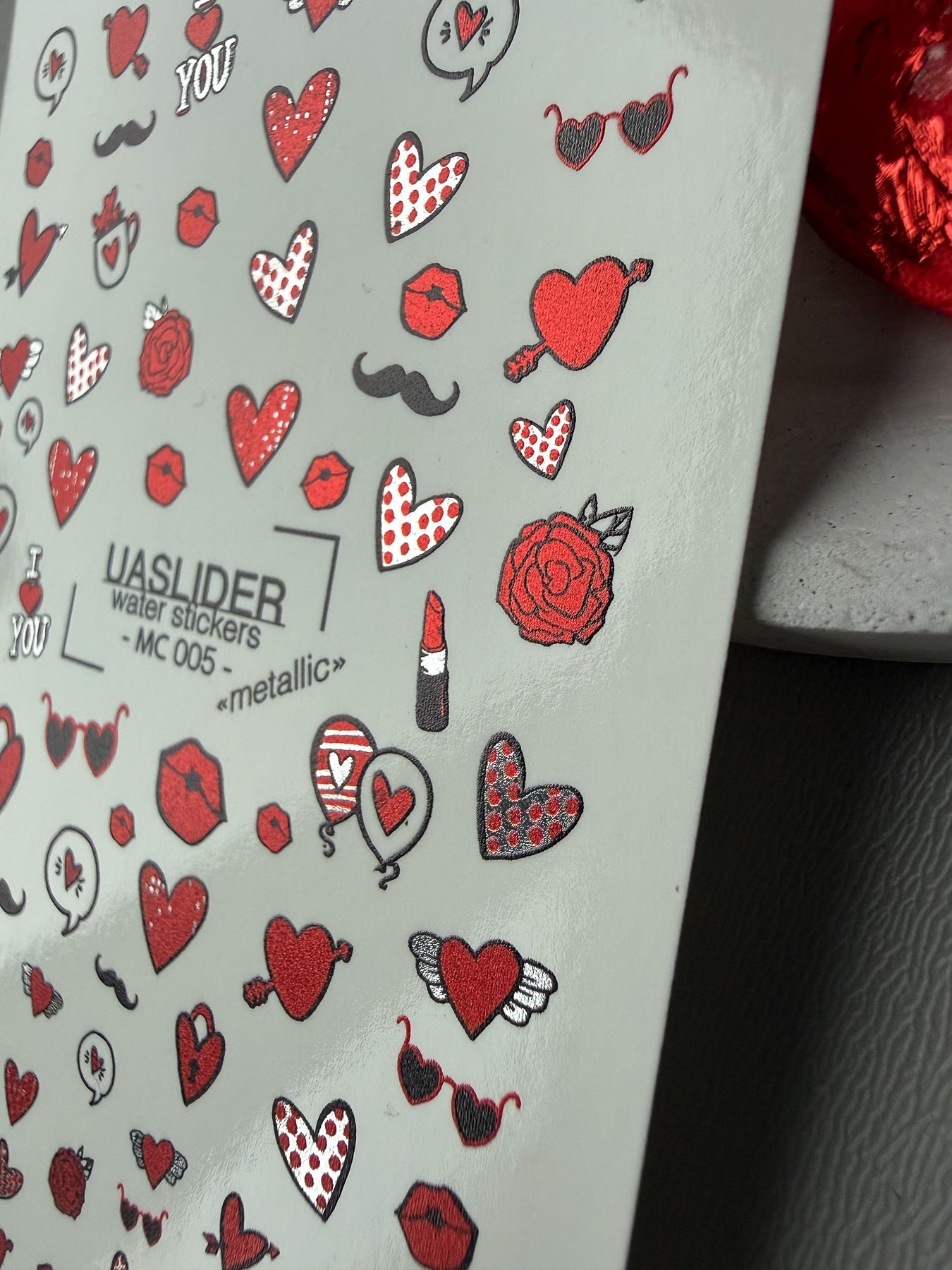 Valentine Nail Decals — Metallic Red Hearts Lips & Icons | MC-005 - UASLIDER