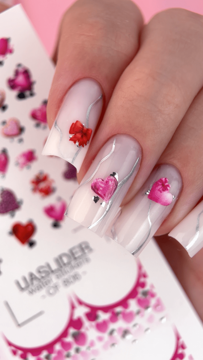 Valentine Nail Decals — Pink Ombre Hearts & Silver Foil | CF - 806 - UASLIDER