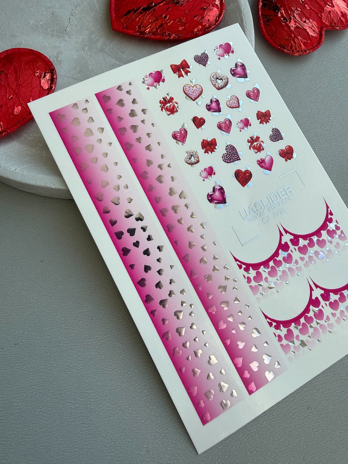 Valentine Nail Decals — Pink Ombre Hearts & Silver Foil | CF - 806 - UASLIDER