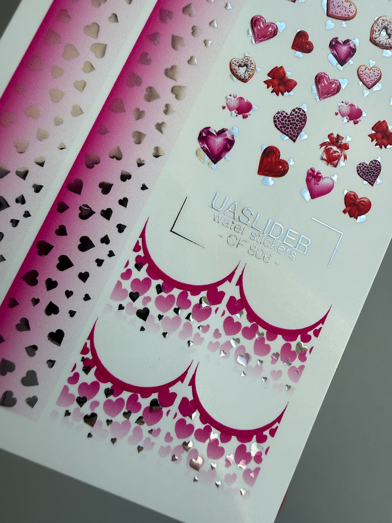 Valentine Nail Decals — Pink Ombre Hearts & Silver Foil | CF - 806 - UASLIDER