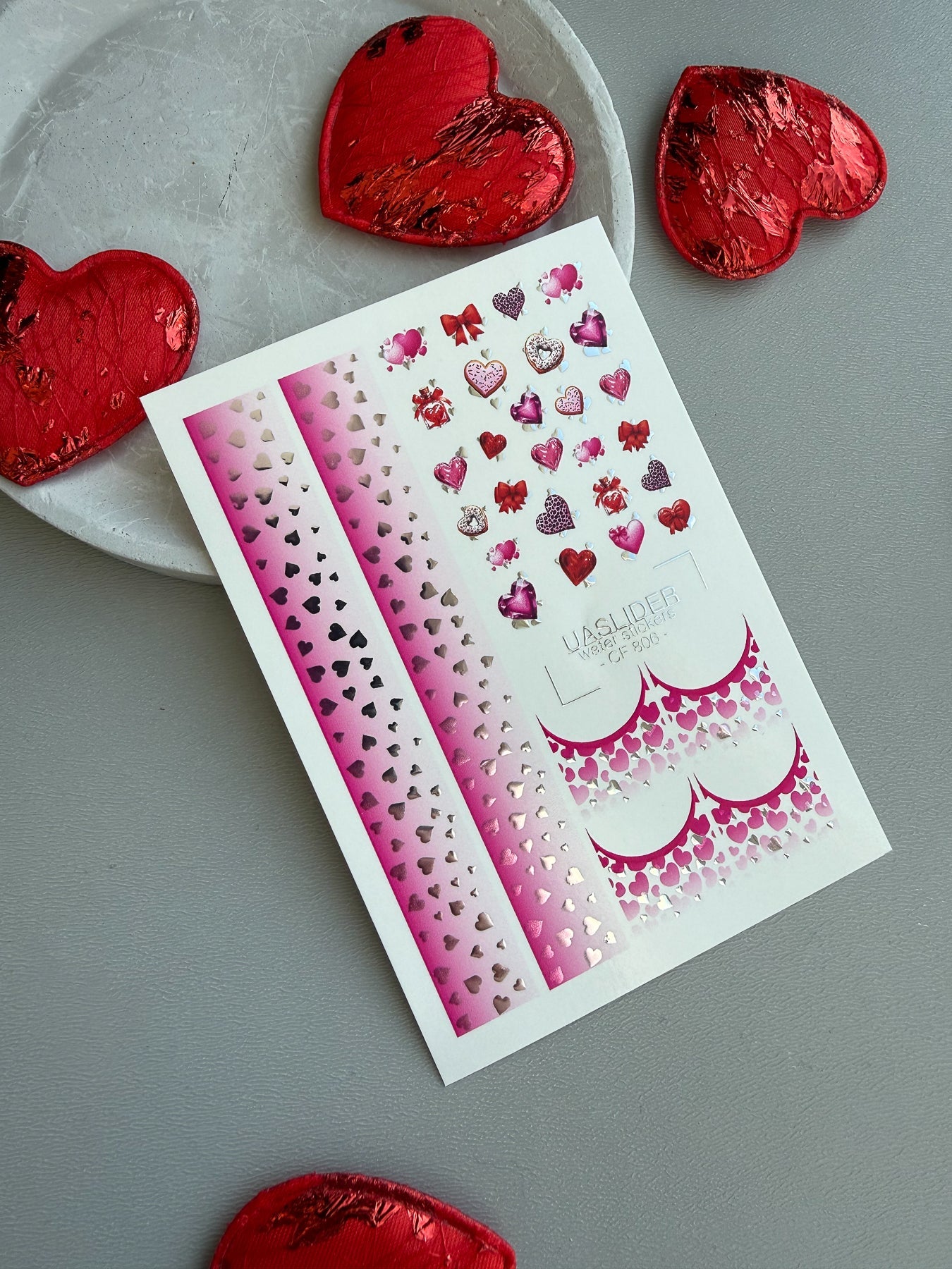 Valentine Nail Decals — Pink Ombre Hearts & Silver Foil | CF - 806 - UASLIDER