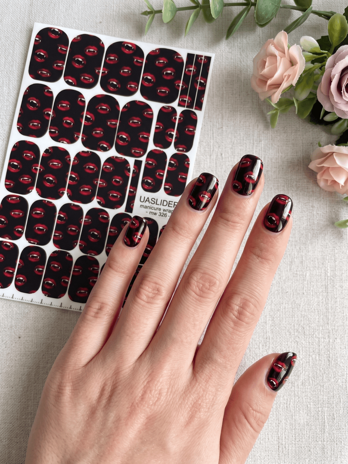 Vampire Lips Manicure Wraps — Red Fangs on Black | mw-326 - UASLIDER