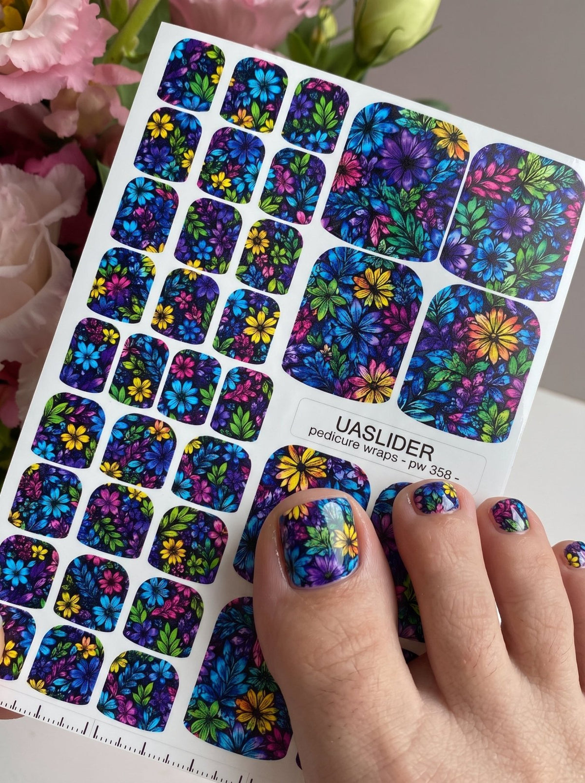Vibrant Floral Pedicure Wraps — Blue, Purple & Yellow | pw-358 - UASLIDER