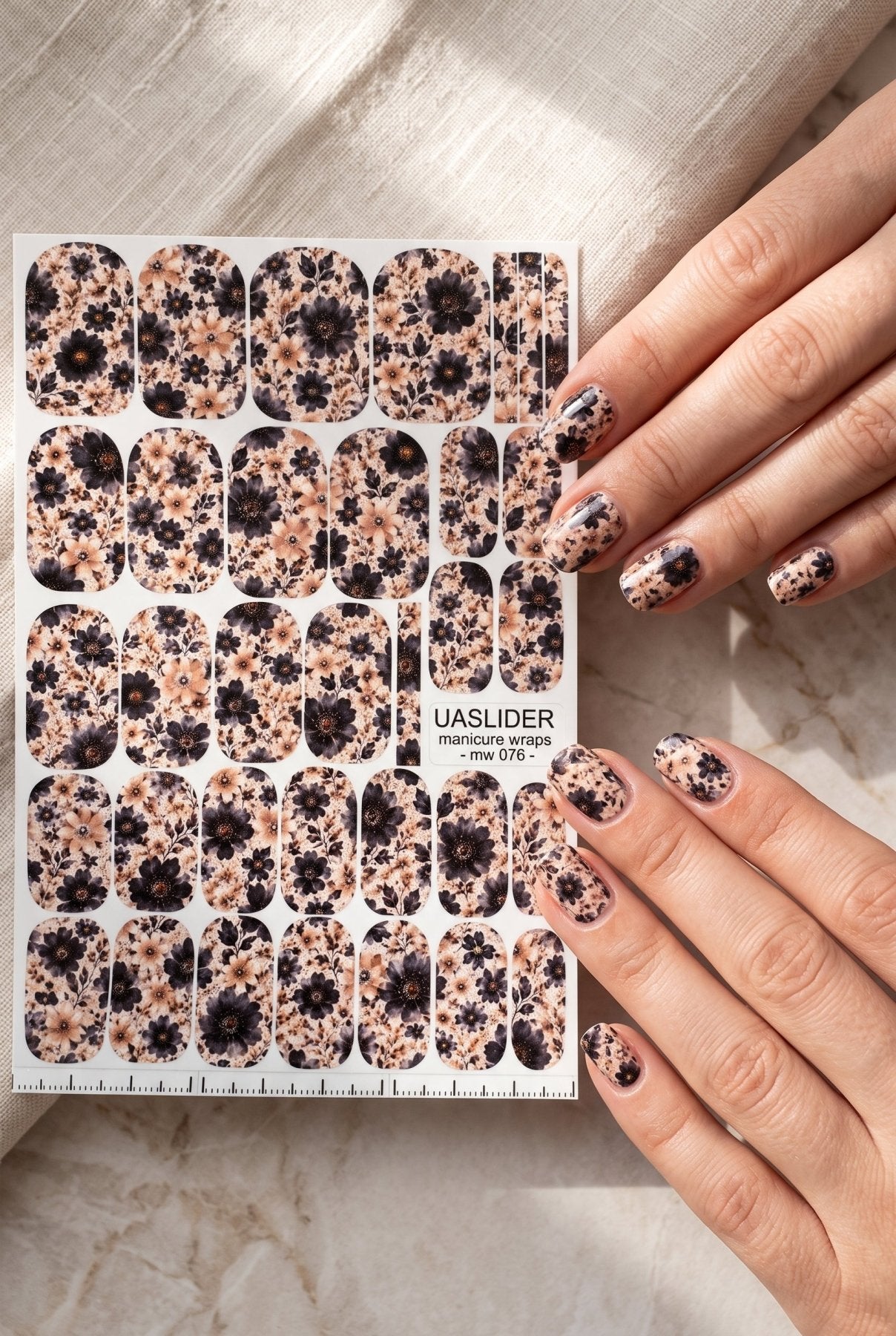 Vintage Floral Manicure Wraps — Beige & Black Flowers | mw-076 - UASLIDER