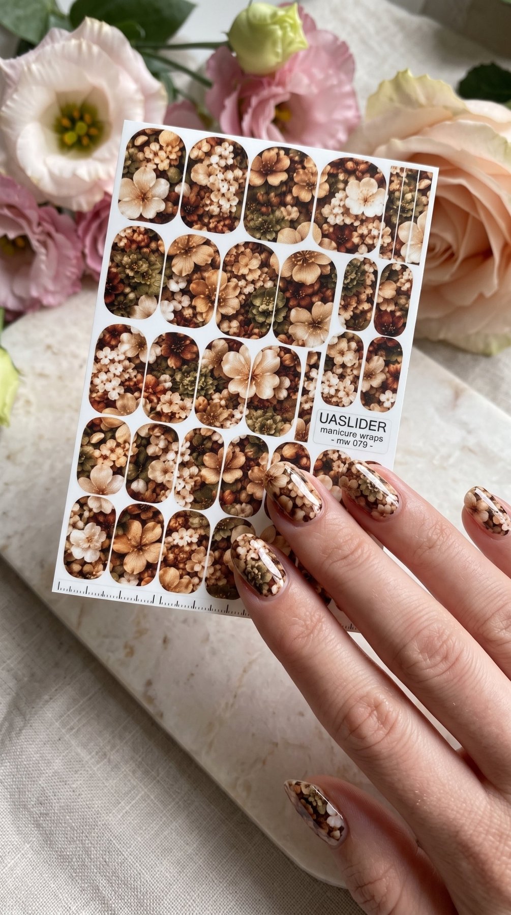 Vintage Floral Manicure Wraps — Brown, Cream & Olive | mw-079 - UASLIDER