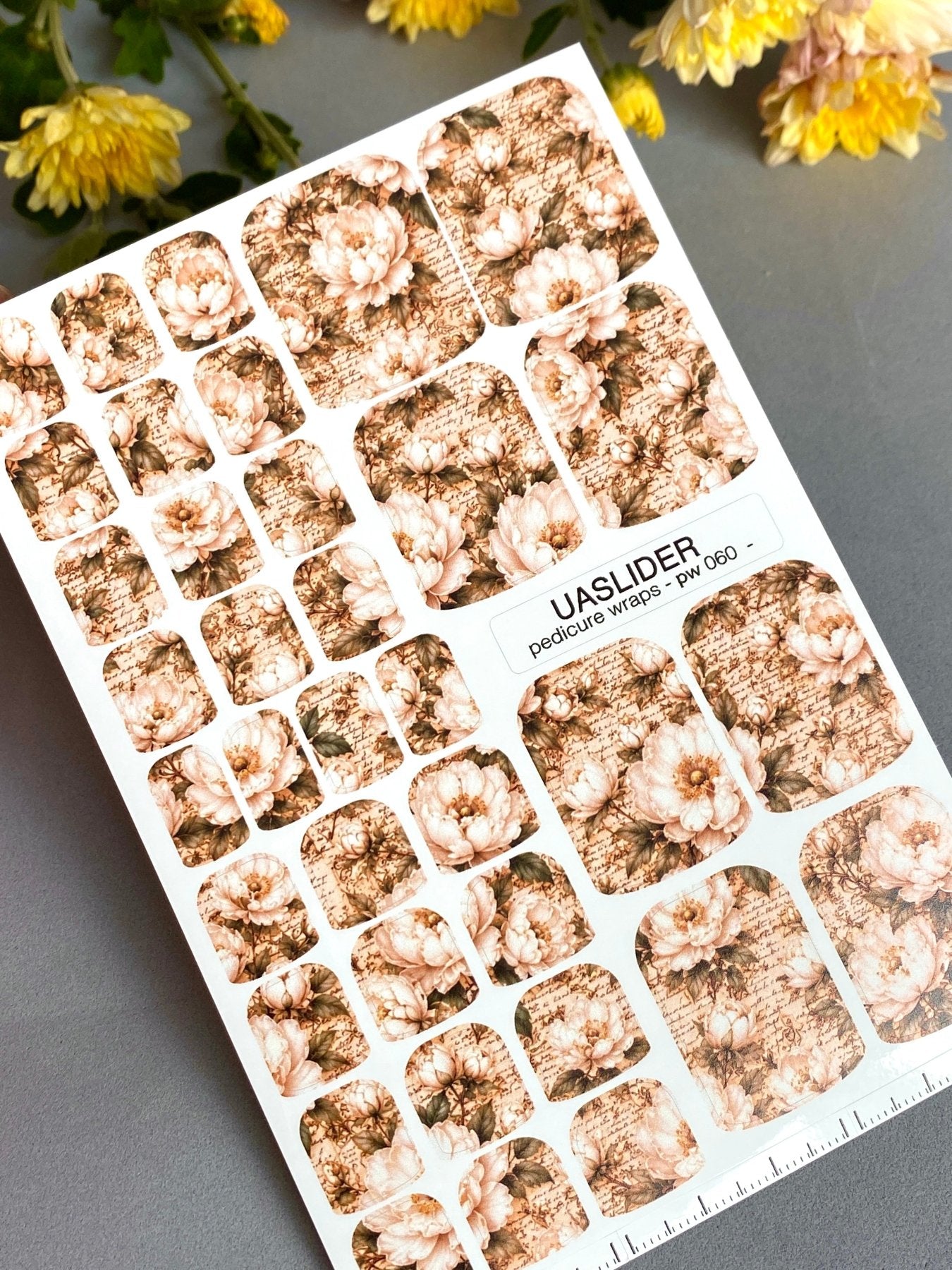 Vintage Script Peony Pedicure Nail Wraps — Cream Florals on Antique Paper | PW-060 - UASLIDER