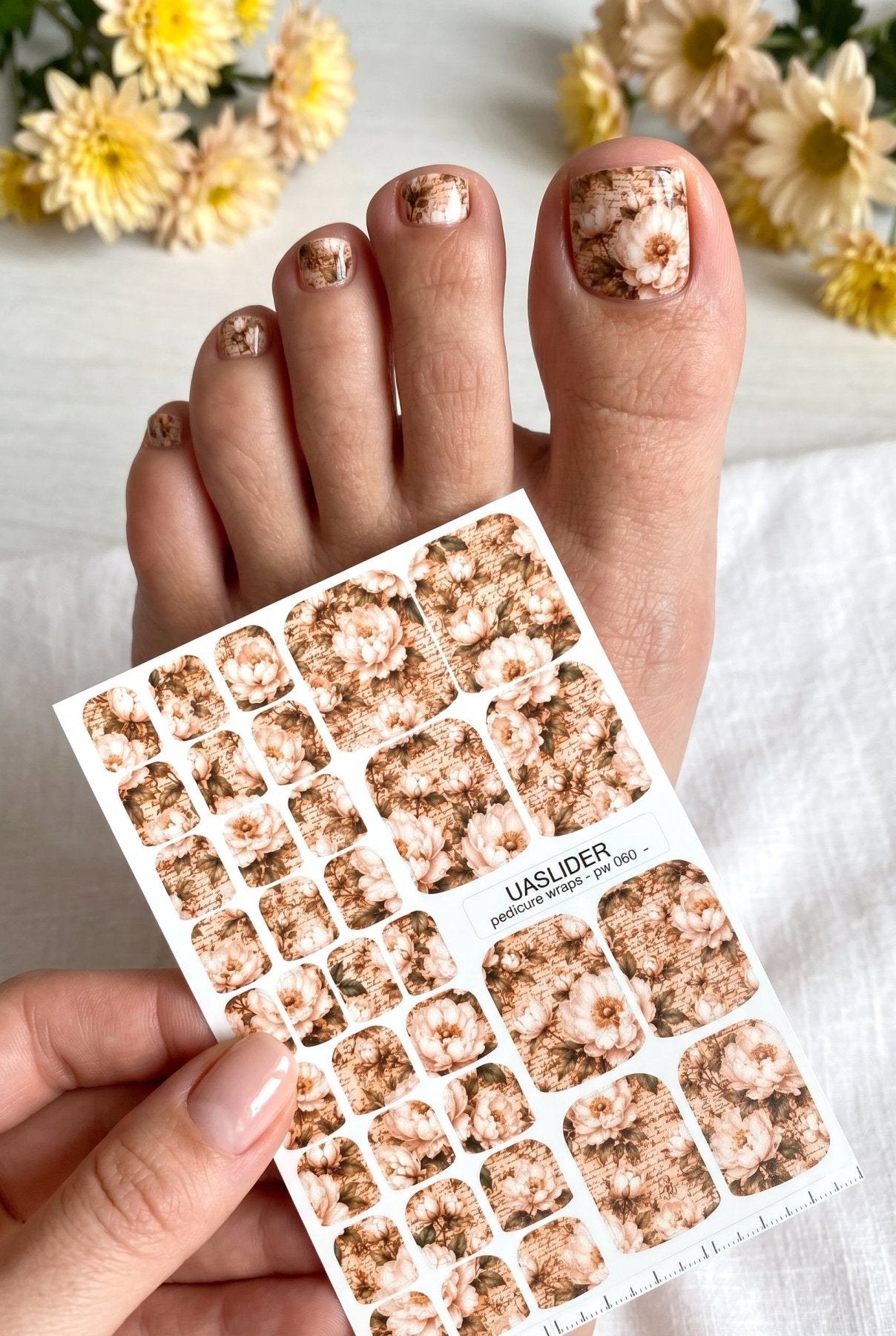 Vintage Script Peony Pedicure Nail Wraps — Cream Florals on Antique Paper | PW-060 - UASLIDER