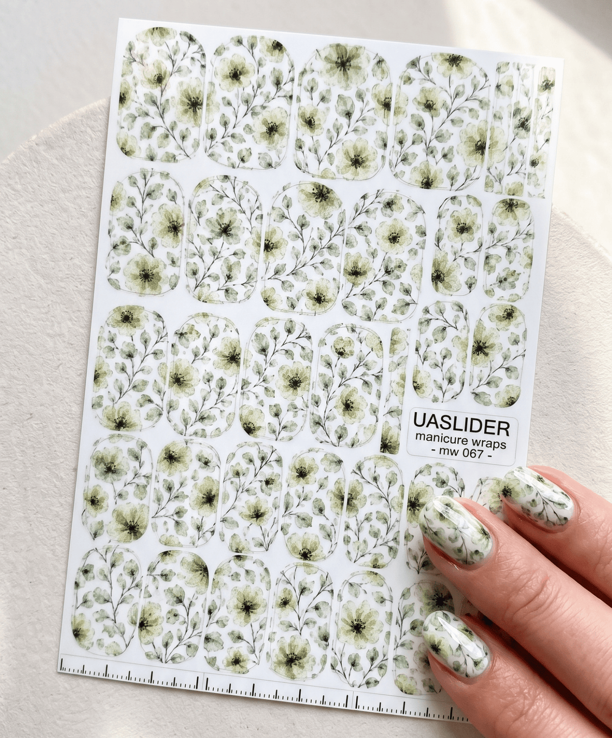 Watercolor Floral Manicure Wraps — Soft Green Flowers | mw-067 - UASLIDER