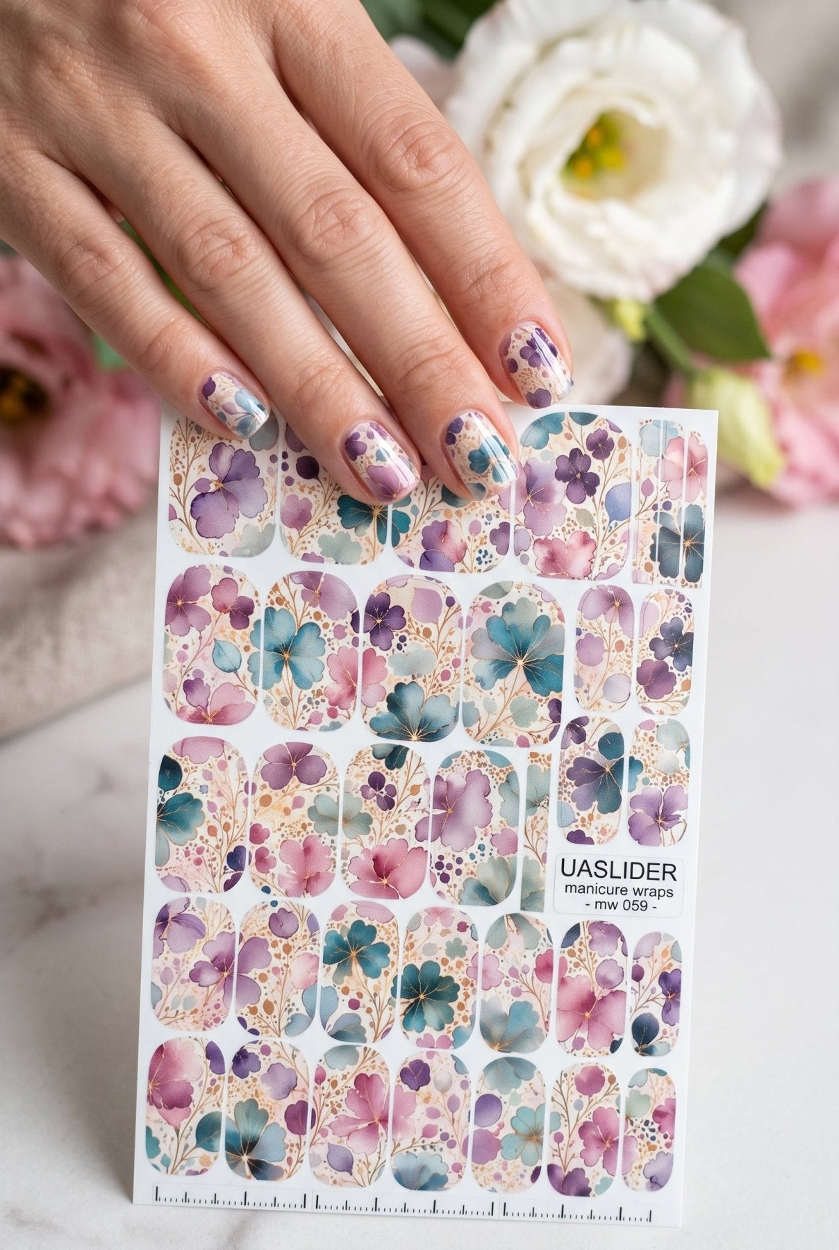 Watercolor Floral Manicure Wraps — Teal, Mauve & Pink | mw-059 - UASLIDER
