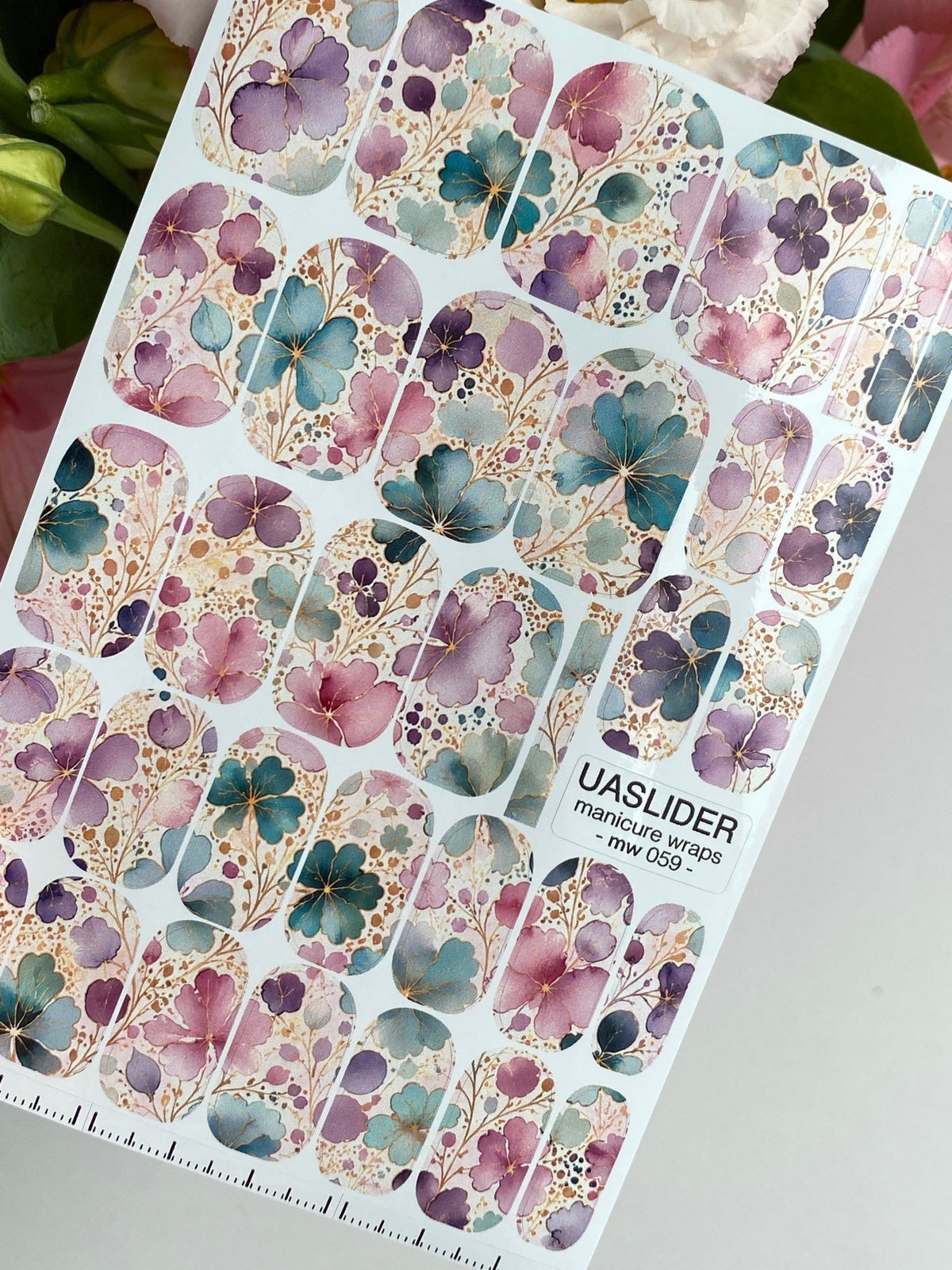 Watercolor Floral Manicure Wraps — Teal, Mauve & Pink | mw-059 - UASLIDER