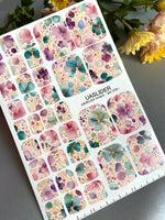 Watercolor Floral Pedicure Nail Wraps — Pink, Teal & Purple with Gold Veins | PW-059 - UASLIDER