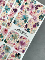 Watercolor Floral Pedicure Nail Wraps — Pink, Teal & Purple with Gold Veins | PW-059 - UASLIDER