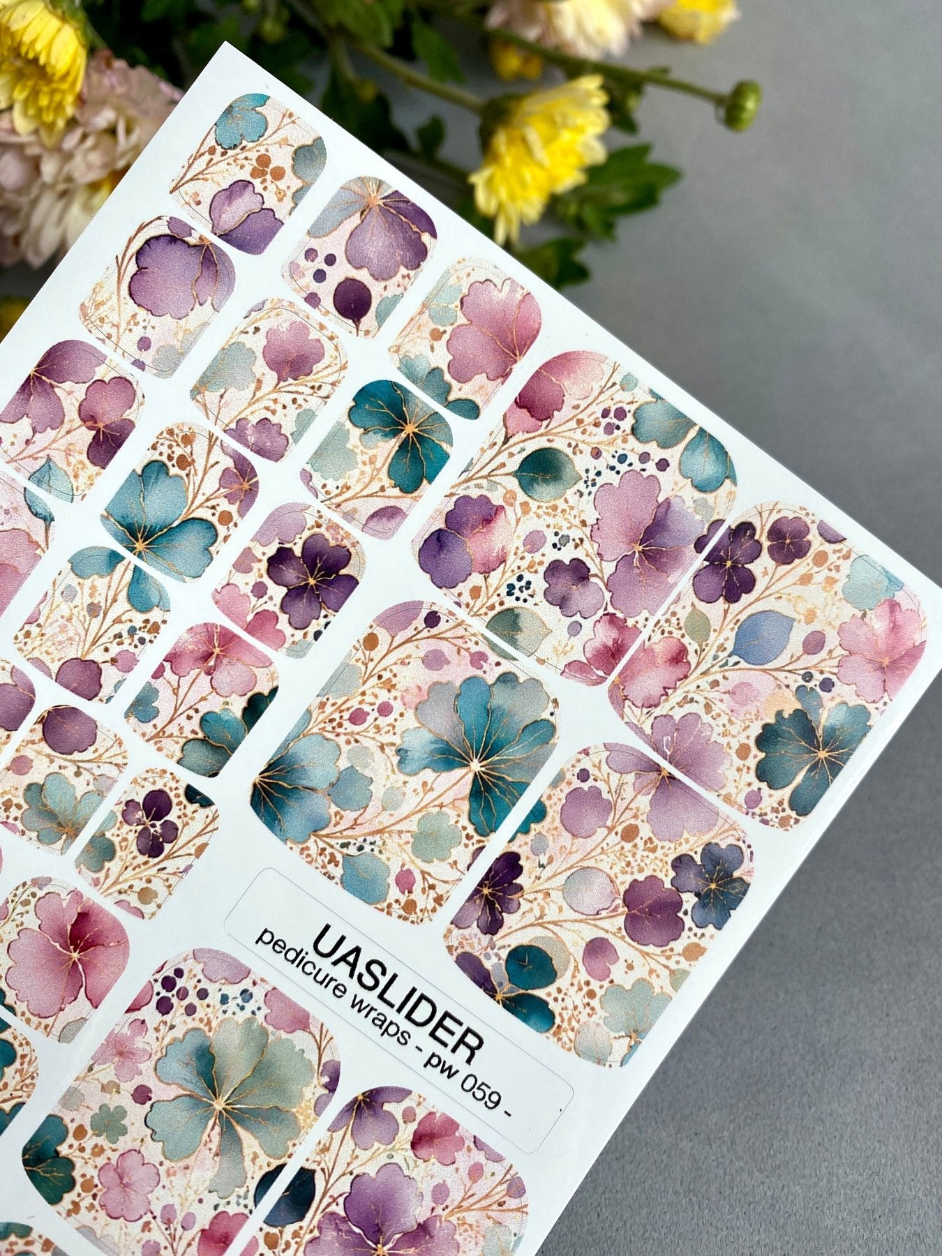 Watercolor Floral Pedicure Nail Wraps — Pink, Teal & Purple with Gold Veins | PW-059 - UASLIDER