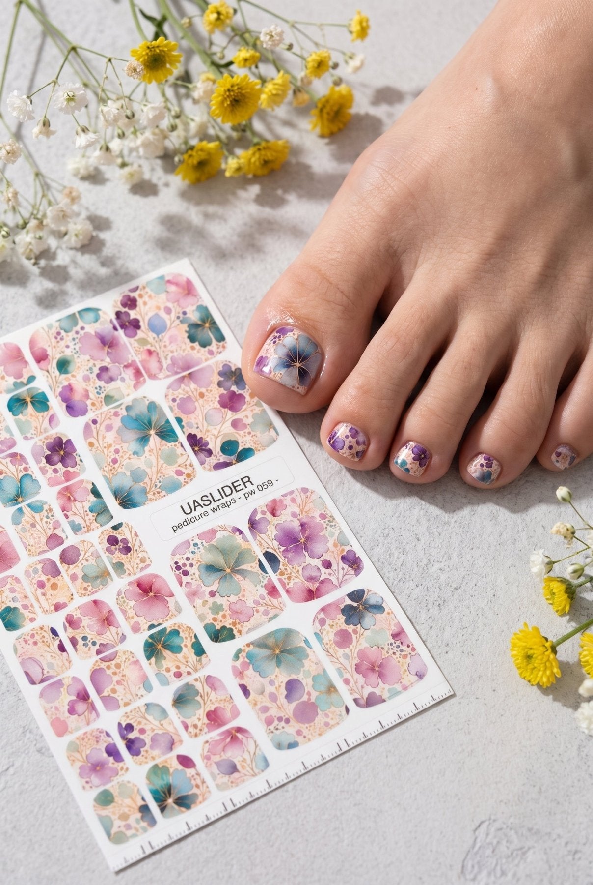Watercolor Floral Pedicure Nail Wraps — Pink, Teal & Purple with Gold Veins | PW-059 - UASLIDER