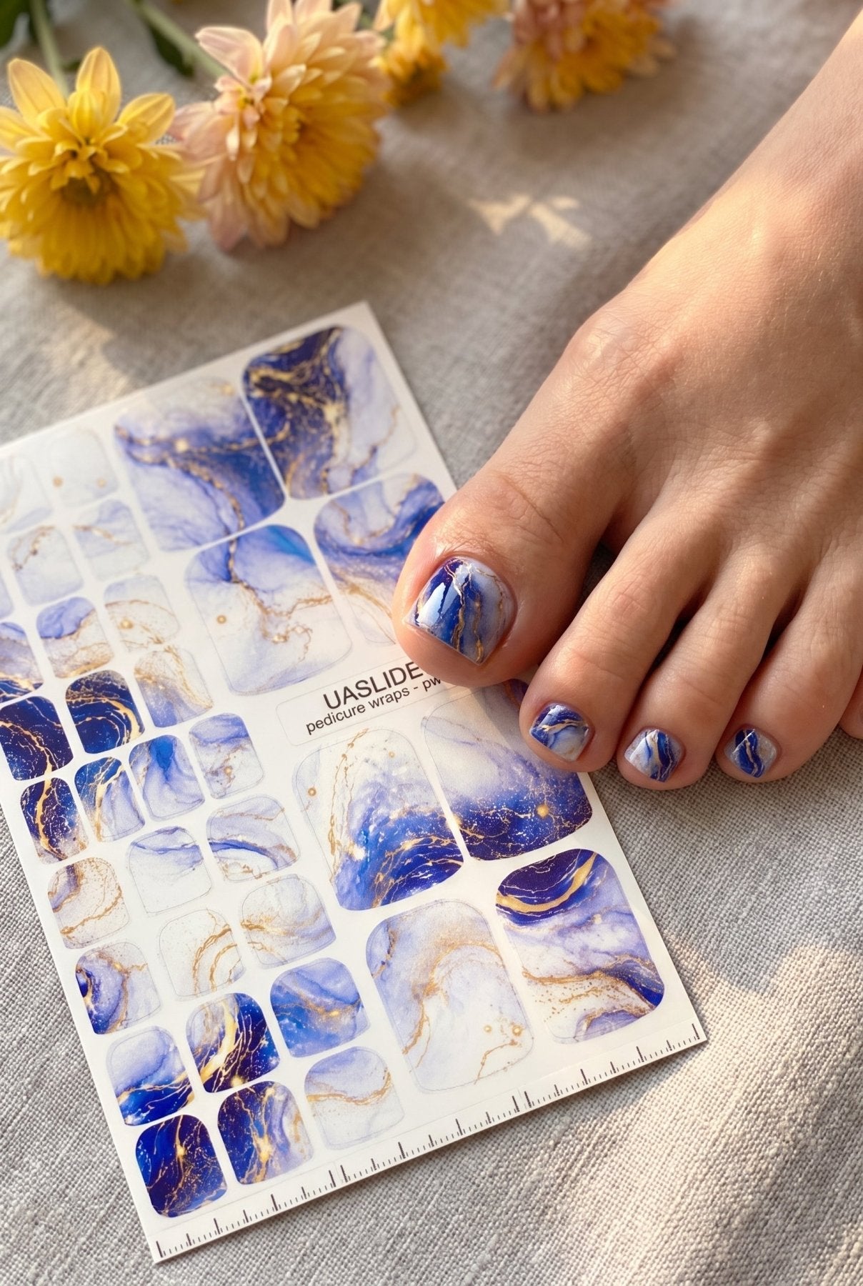 Watercolor Marble Pedicure Nail Wraps — Deep Blue with Gold Veins | PW-046 - UASLIDER