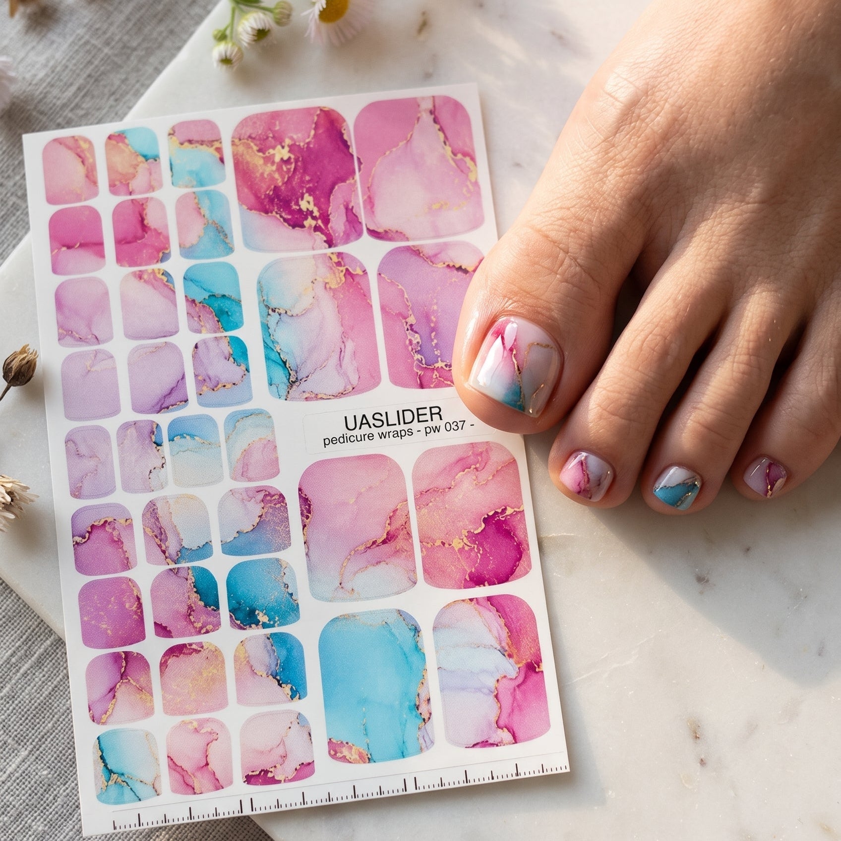 Watercolor Marble Pedicure Nail Wraps — Pink, Blue & Purple with Gold Veins | PW-037 - UASLIDER