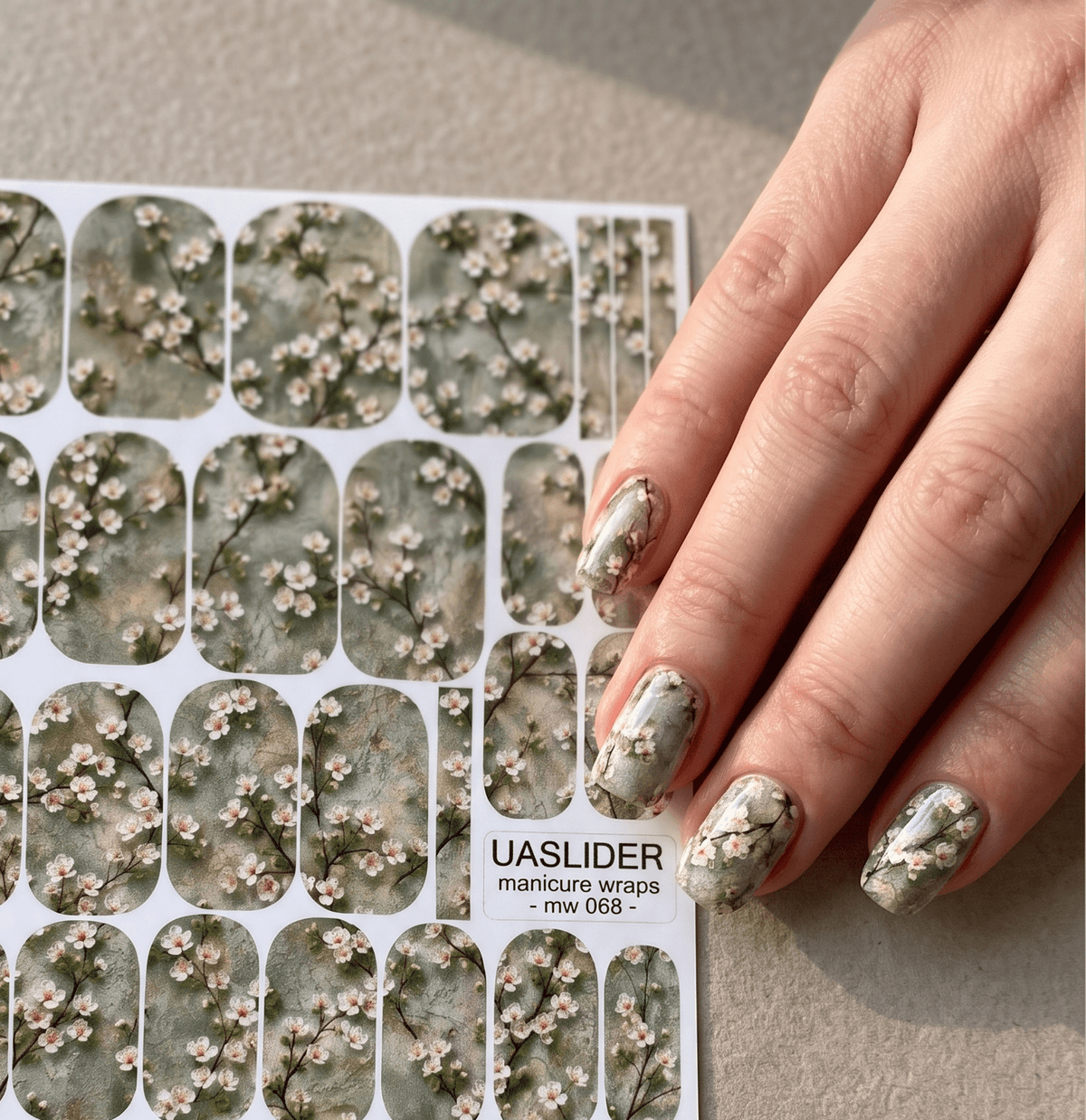 White Blossom Manicure Wraps — Sage Branch Pattern | mw-068 - UASLIDER