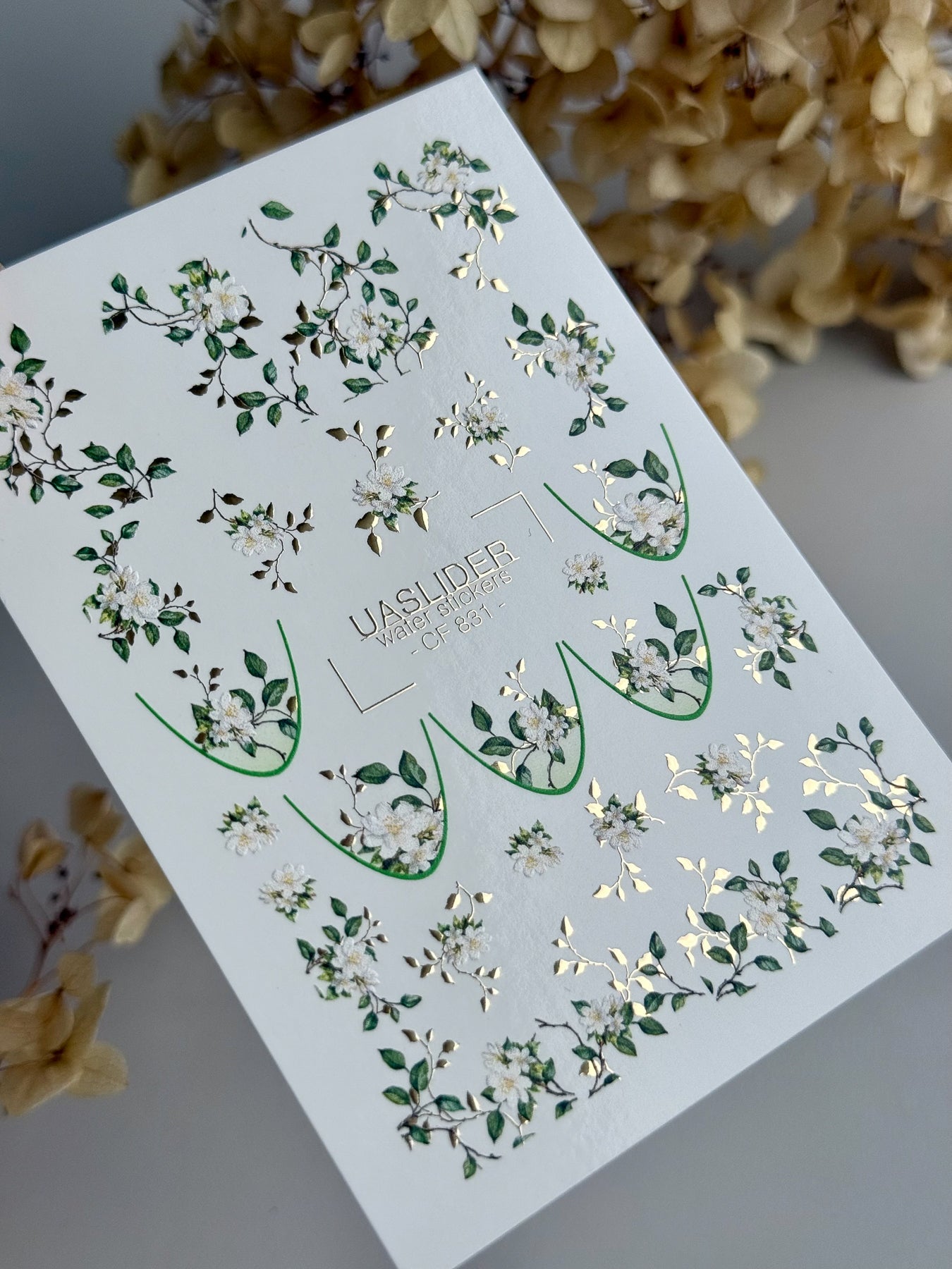 White Blossom Nail Decals — Floral Branch Gold Foil | CF - 831 - UASLIDER