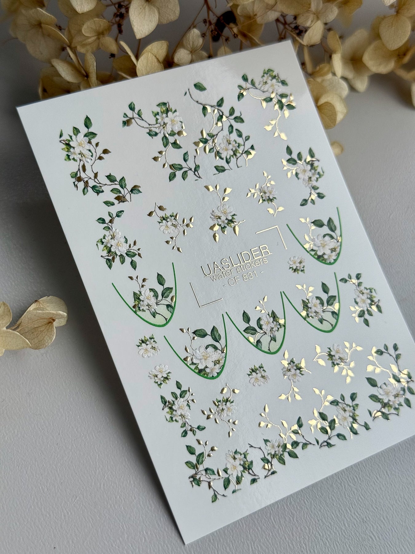 White Blossom Nail Decals — Floral Branch Gold Foil | CF - 831 - UASLIDER