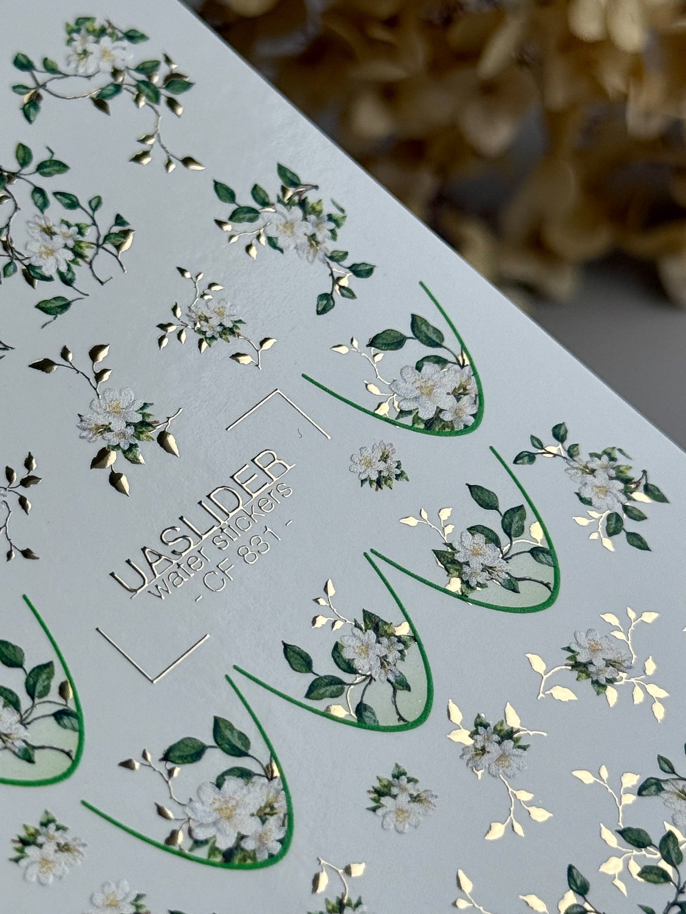 White Blossom Nail Decals — Floral Branch Gold Foil | CF - 831 - UASLIDER